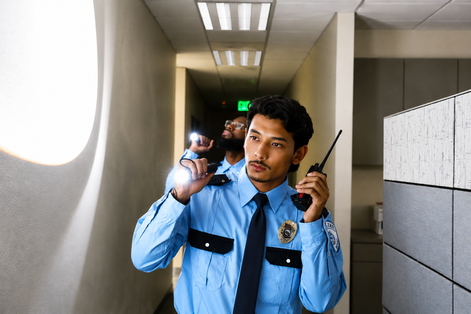 Fire Watch Security-One Guard With Flashlight AI Generated